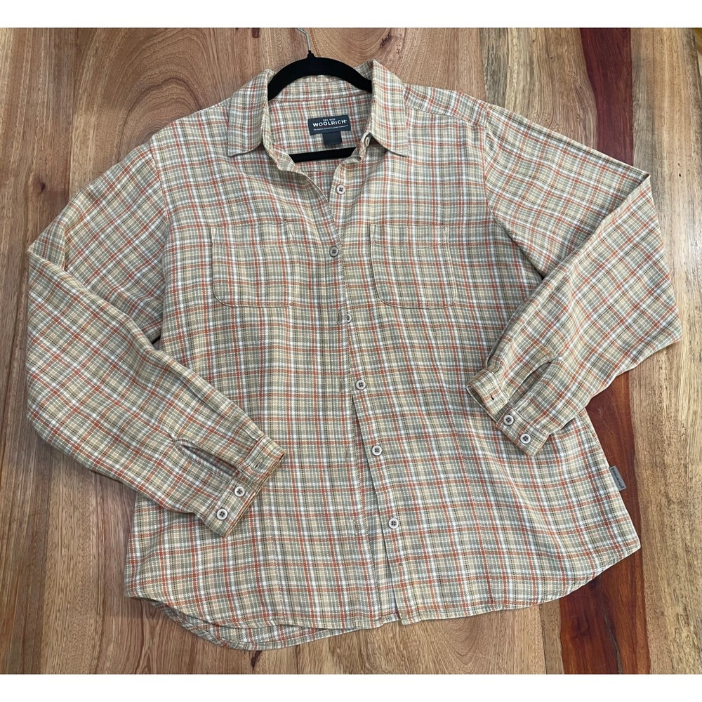 Vintage Woolrich Plaid Button Down Shirt Tan Long Sleeve Outdoor Top